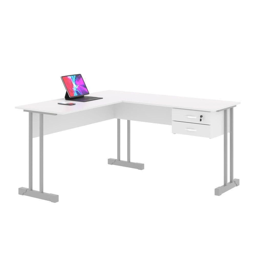 Mesa De Em L Com Gaveta Lima Branco Cinza