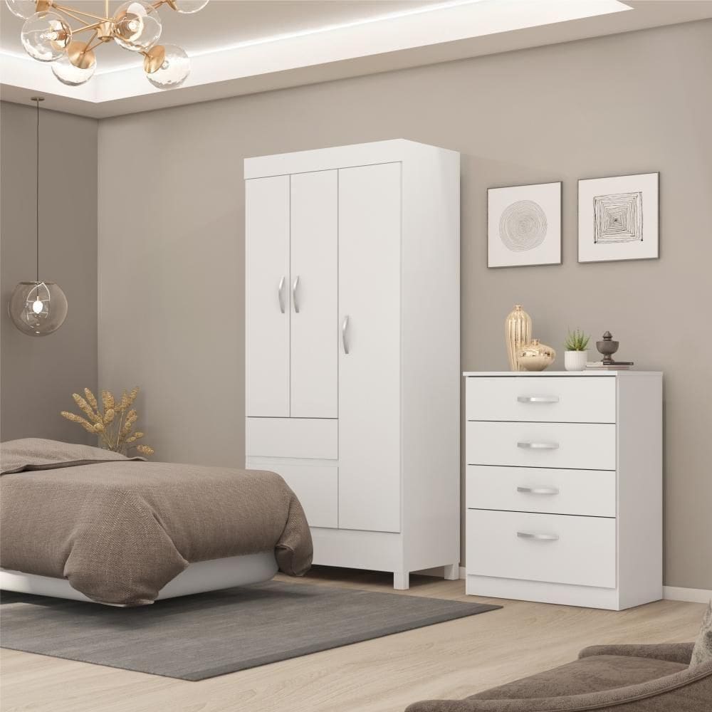 Conjunto Quarto Guarda Roupa E Comoda Fabi Branco Rosa
