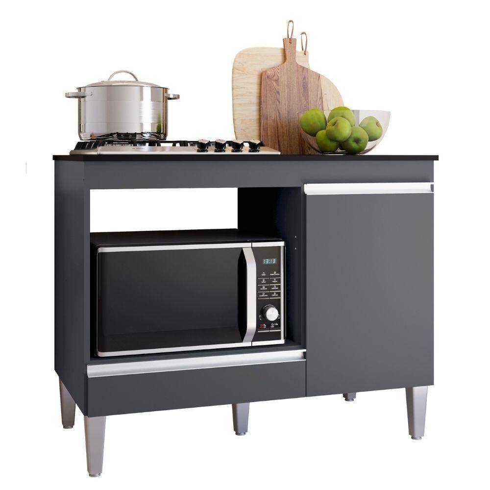 Balcão Cooktop Carla Com Tampo Para 4 Ou 5 Bocas Nicho Para Micro-ondas 1 Porta 1 Gaveta Cinza