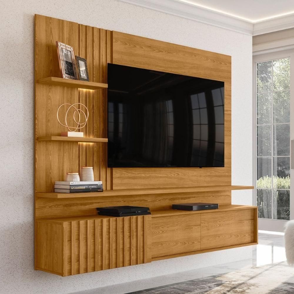 Home Para Painel Com Led Porta Ripada Nice Cumaru