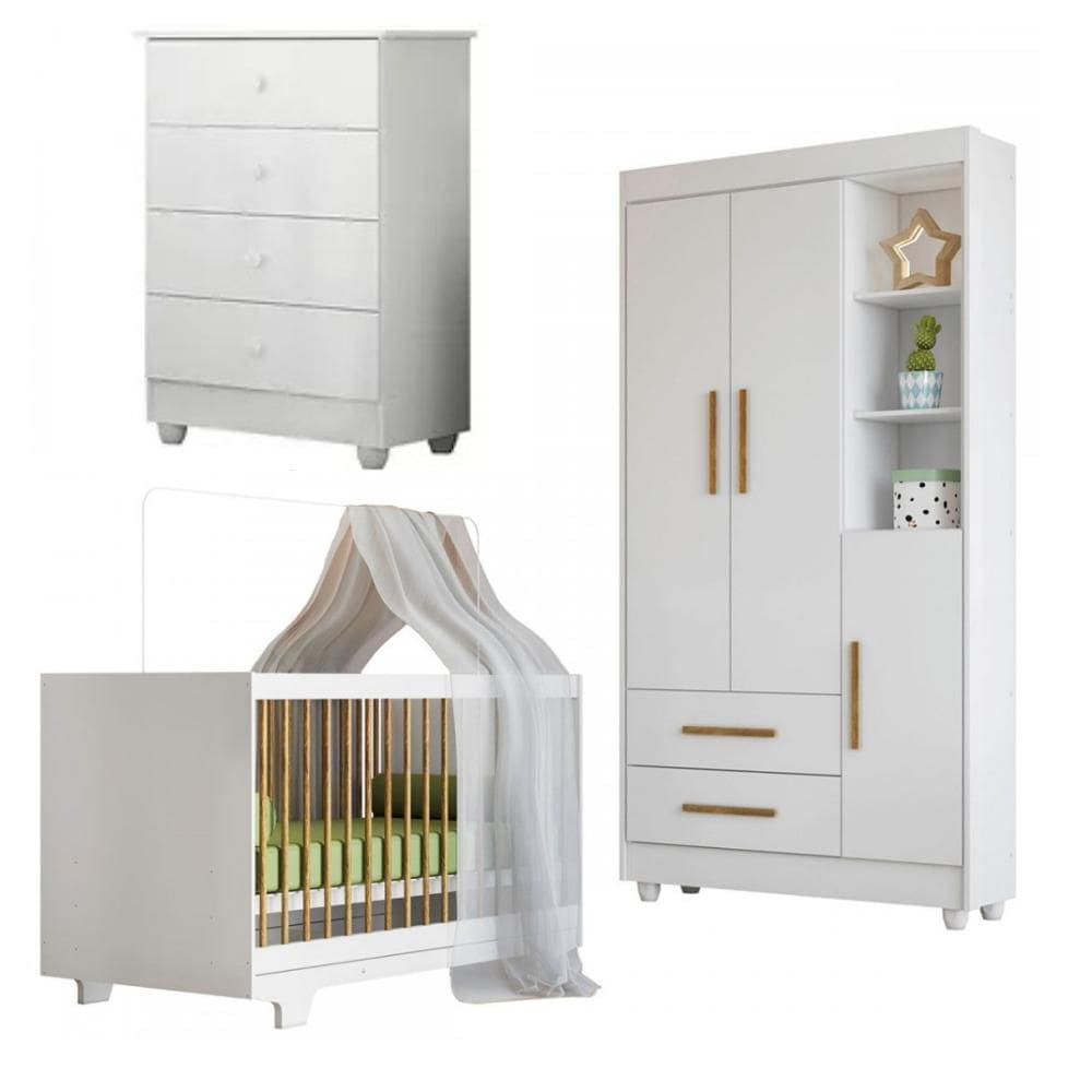 Quarto Bebê Branco com Berço Mini Cama ,Guarda Roupa, Cômoda