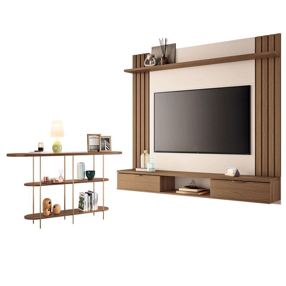 Painel para TV Suspenso Solus e Aparador Infinity Castanho Off White – HB Móveis