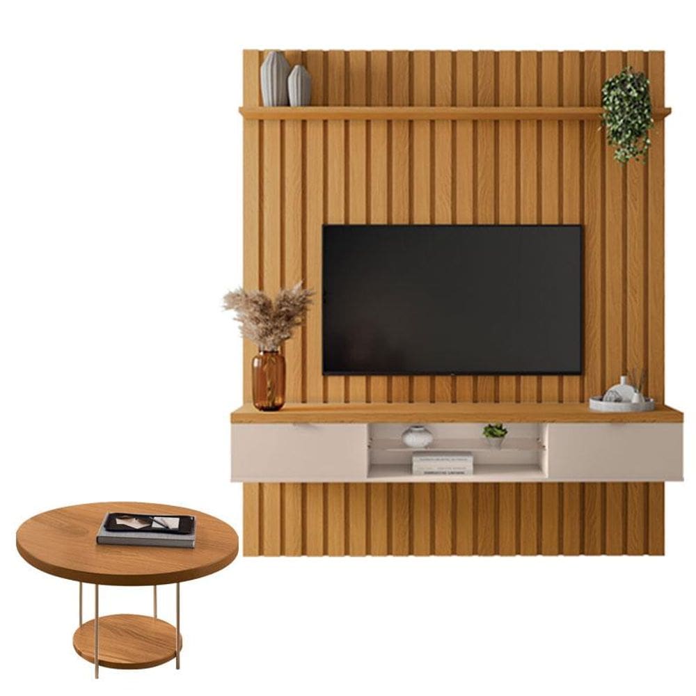Painel Ripado You Illusion 1.8 com Mesa de Centro Sky Cinamomo Off White - HB Móveis