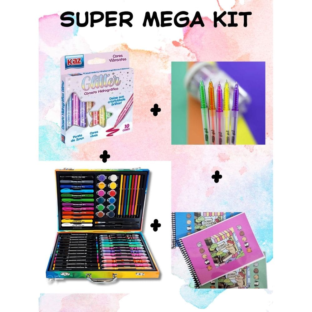 Super Mega Kit maleta 58 peças canetinha glitter canetinha fluorescente livro de colorir papelaria
