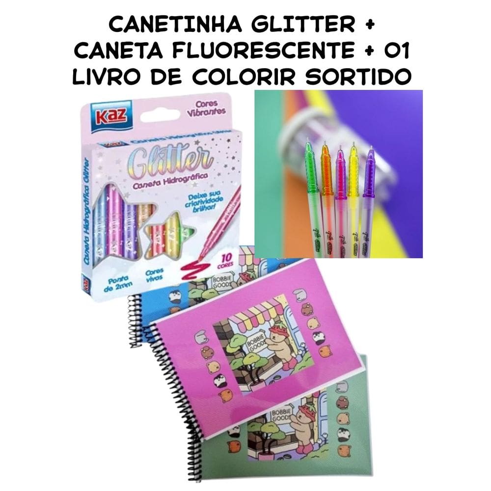 Trio Bob gudi pintura livro colorir 3 peças caneta canetinha com gliter caneta fluorescentes para detalhes e livro pra p