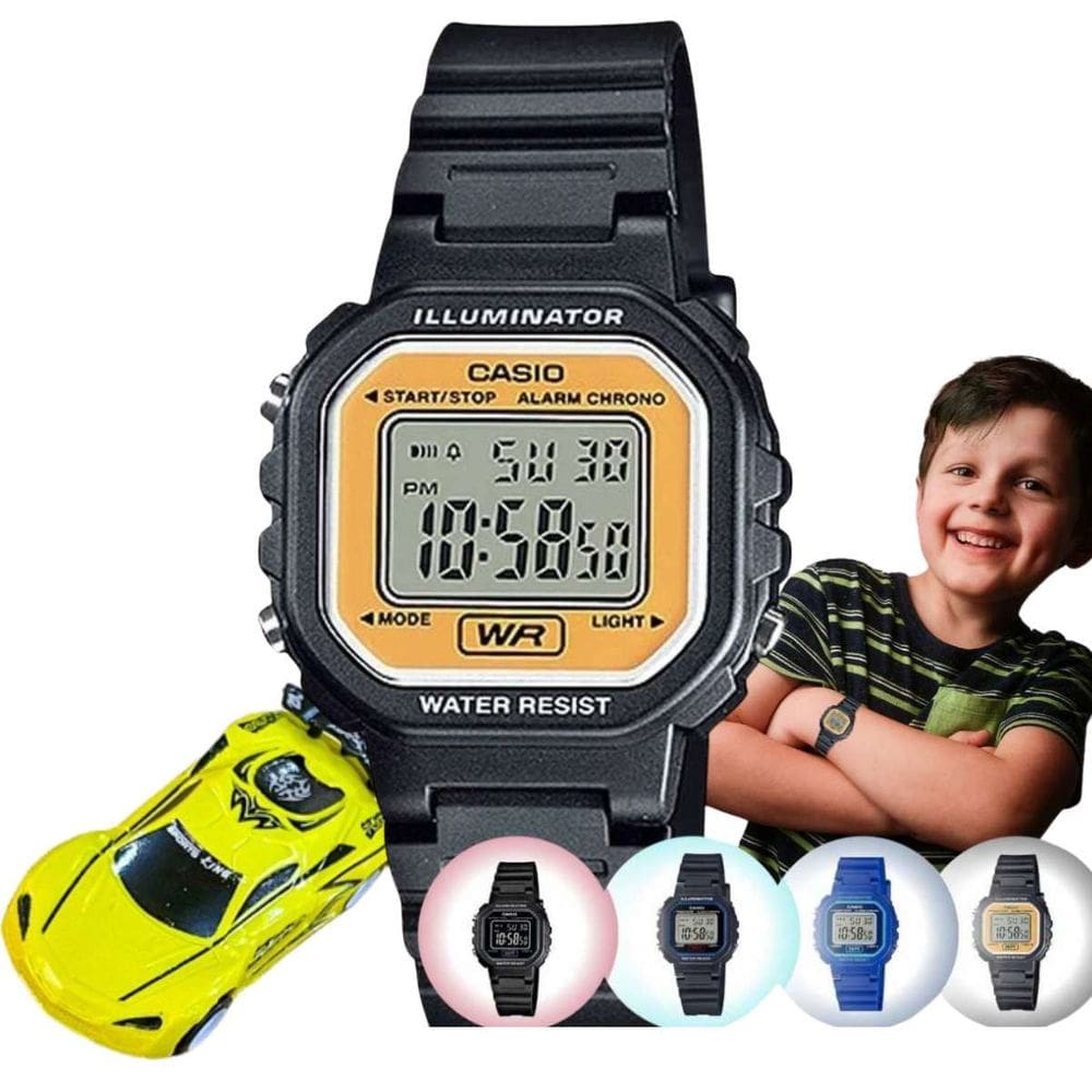 Kit Relógio de Pulso Casio Infantil Masculino Resistente Água Calndário Alarme Digital LA-20WHS + Carrinho Miniatura
