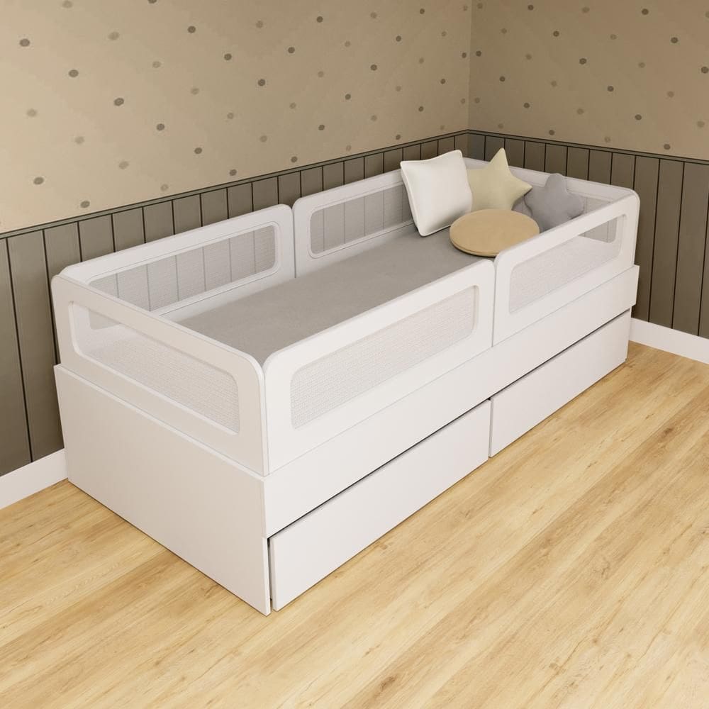 Cama Solteiro Mdf Branco com 02 Gavetas 04 Grades e Cabeceira Telinha Anatômica Mobilistore