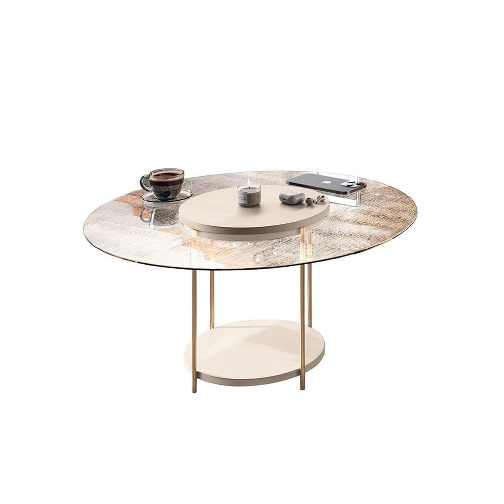 Mesa de Centro Redonda com Vidro Centrale Pes em Aço Off White EdeCasaMoveis