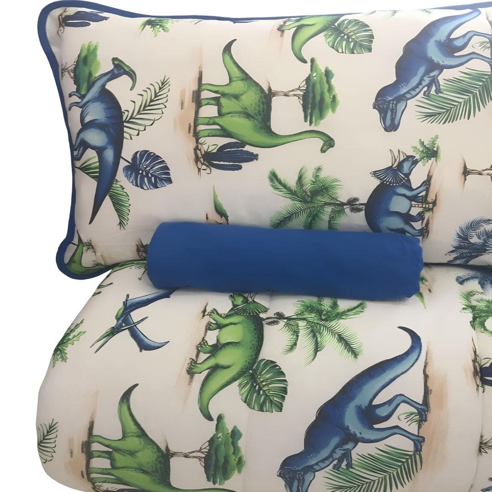 Kit de Edredom e Jogo de Lençol Solteiro Malha Dinossauros - Azul