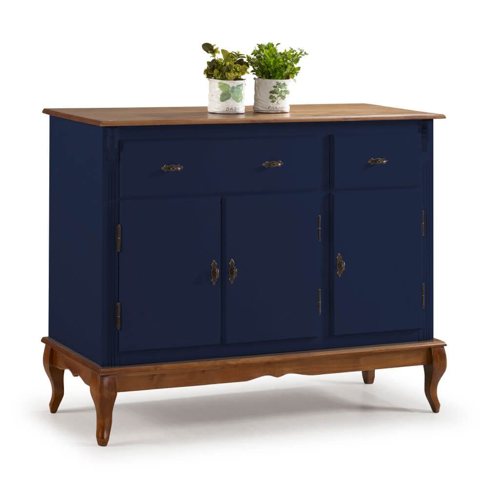 Balcão Buffet de Madeira com Pés Luis XV 3 Portas e 2 Gavetas Linz Móveis 60631 - Azul Petróleo/Imbuia Glazer
