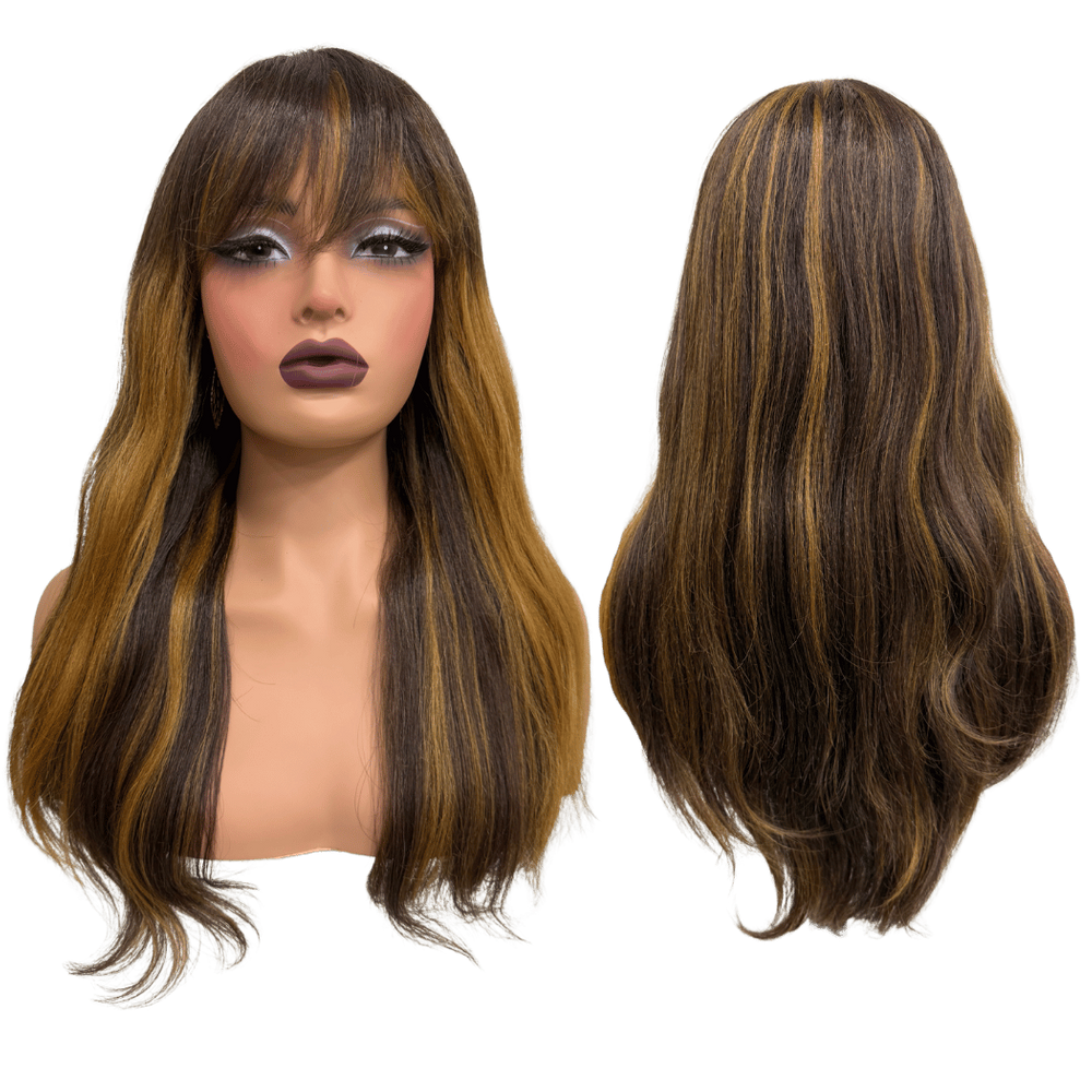 Peruca castanho claro mechas loiras com franja 55cm BHF427