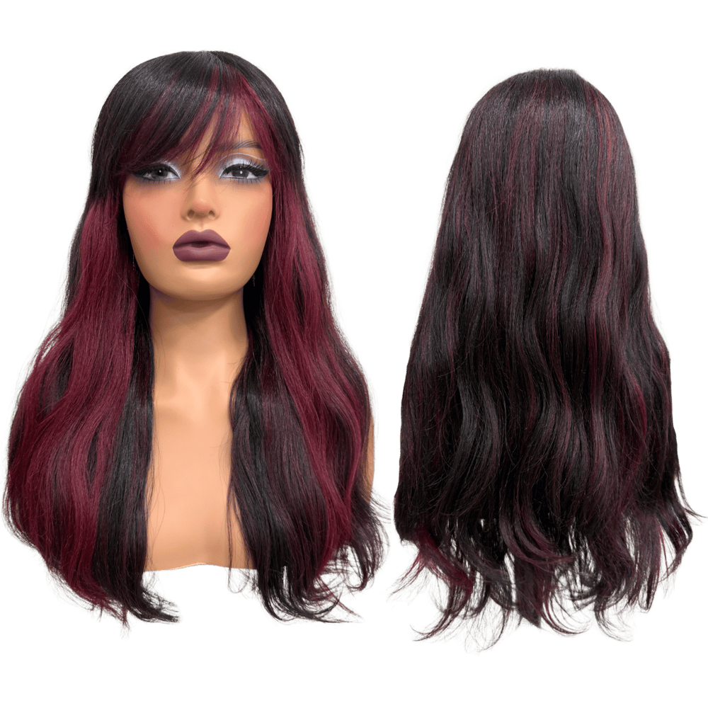 Peruca preta marsala mechas com franja 55cm BHF1B530