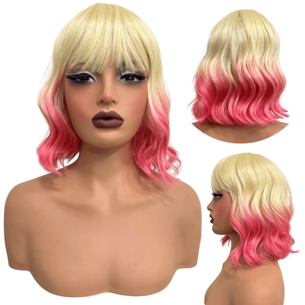 Peruca curta c/ franja loira rosa ombre ondulada OM613 Pink