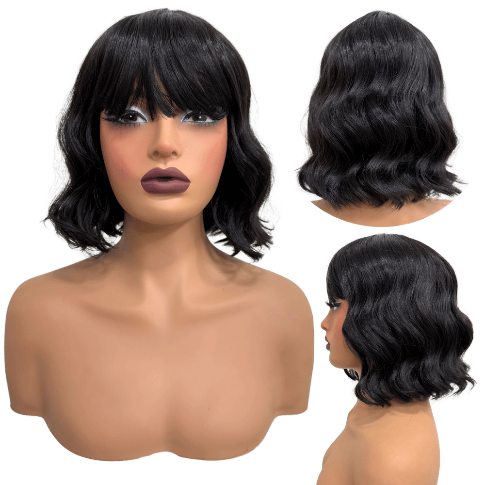 Peruca curta com franja preta natural ondulada long bob 2