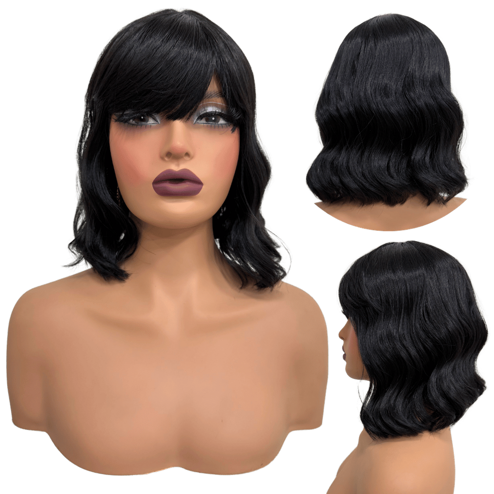 Peruca curta com franja preta ondulada long bob orgânica 1B