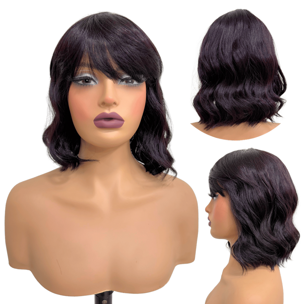 Peruca curta com franja acaju ondulada long bob orgânica 99J