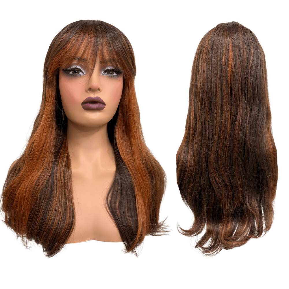 Peruca castanho claro ruiva mechas com franja 55cm BHF4350