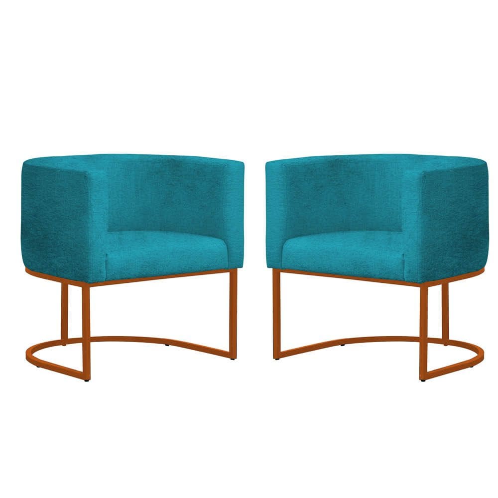 Kit 2 Poltronas Reforçada Decorativa Sala Gabriela Base Ferro Bronze Suede Azul Tifany