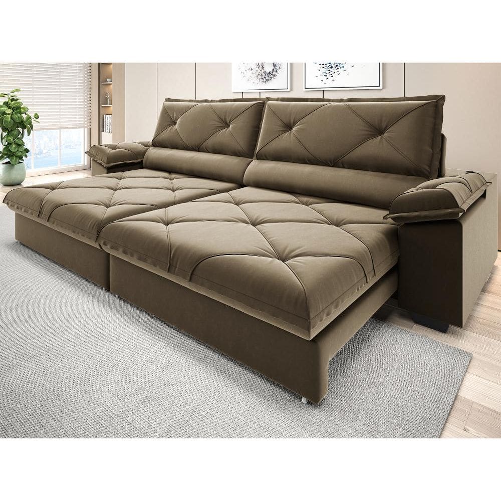 Sofá com Carregador USB e Molas no Assento Retrátil Reclinável Nice 2,50m Veludocristal - NETSOFAS