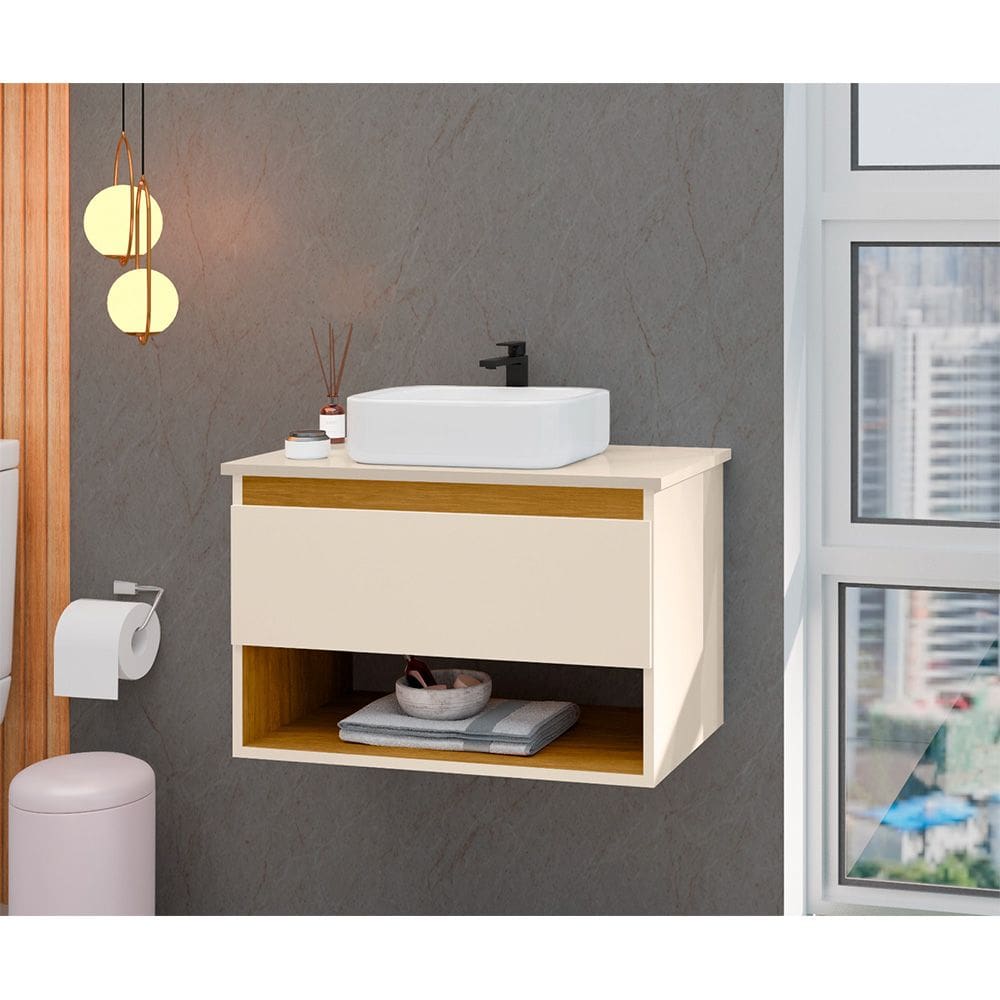 Gabinete Armário para Banheiro Suspenso Florence com Cuba Off-white