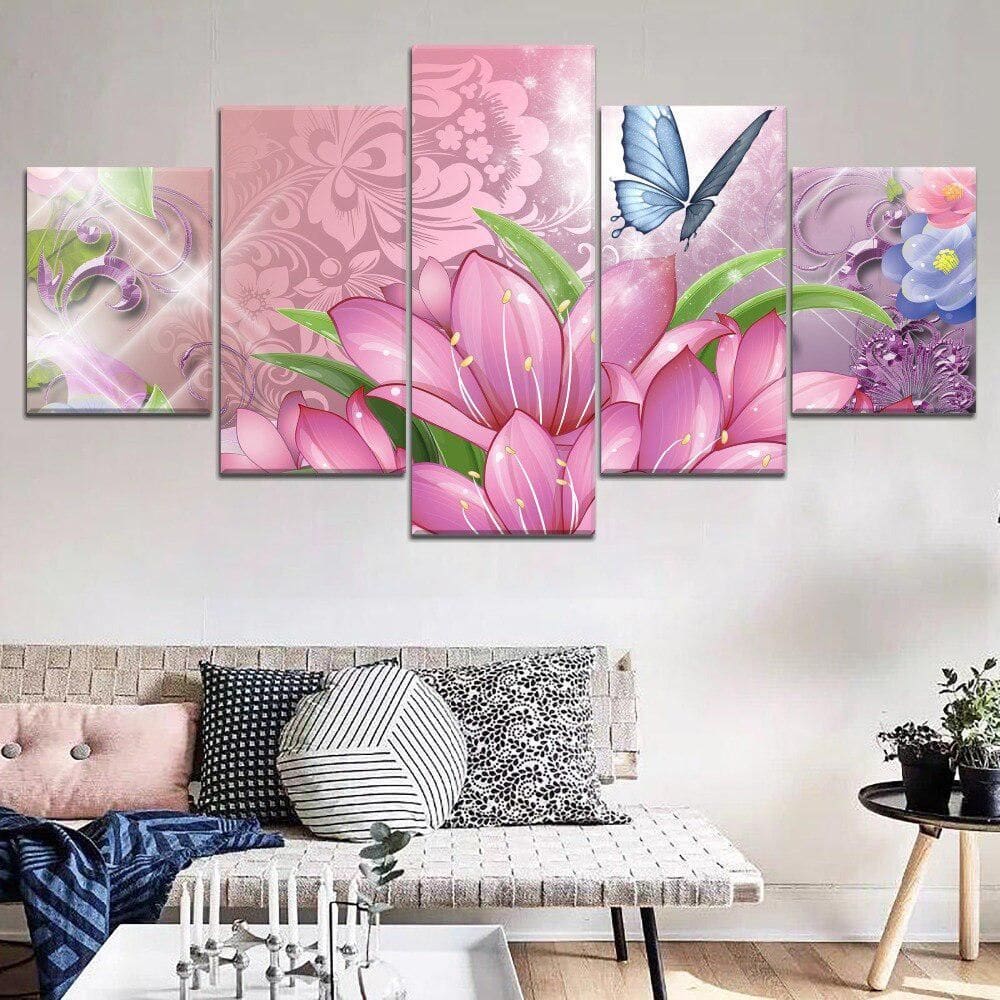 Quadros Decorativos 5 Peças Flores E Borboletas Coloridas