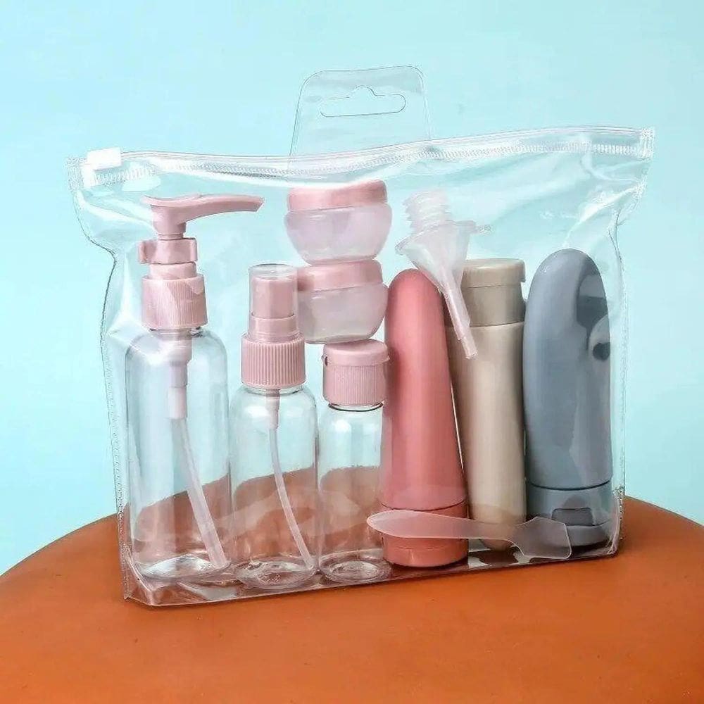 Kit Viagem Bolsa Com Spray Para /Shampoo/Perfumes 11 Peças
