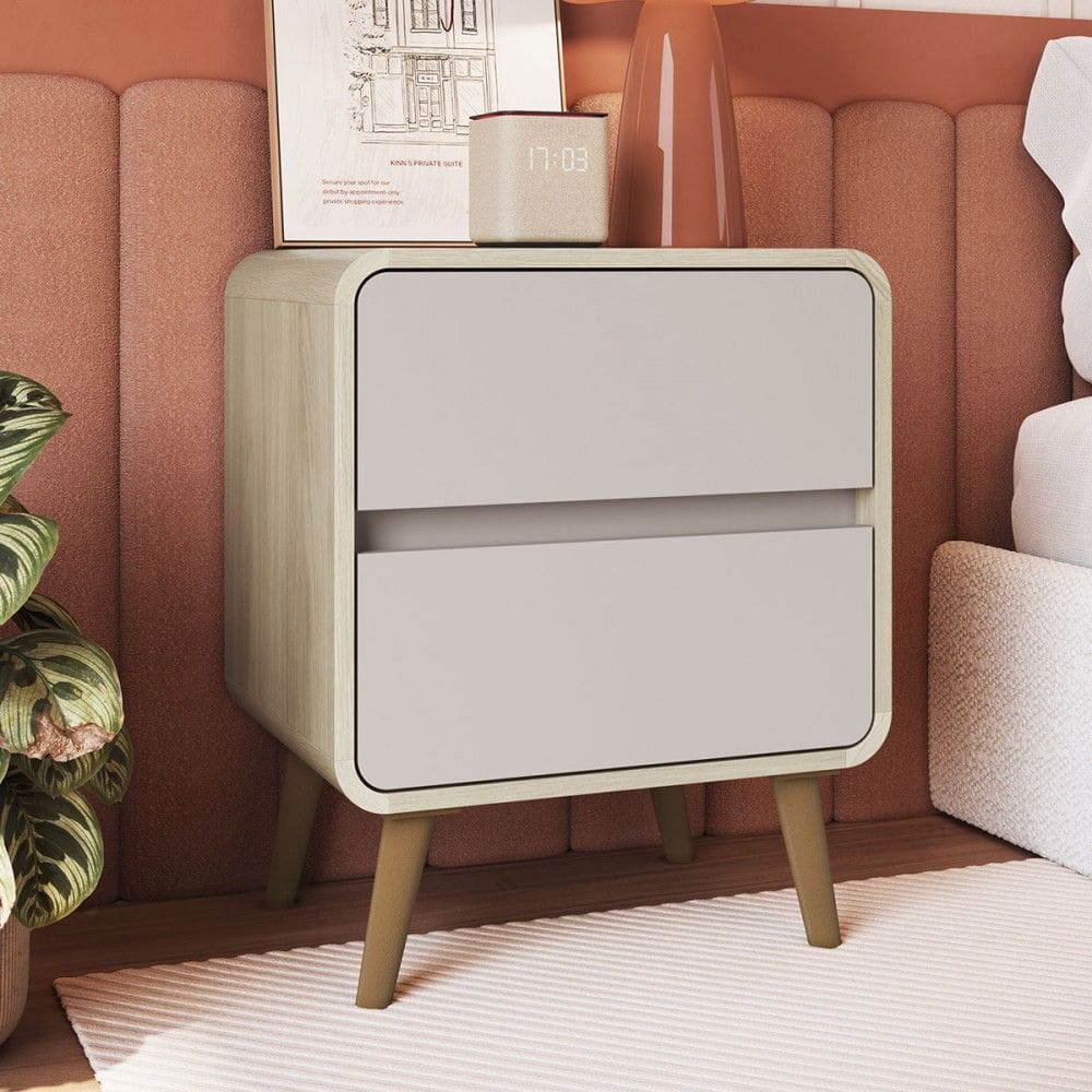 Mesa de Cabeceira Curve 2 Gavetas Carvalho Araguaia/Bege Dunas - Completa Industria