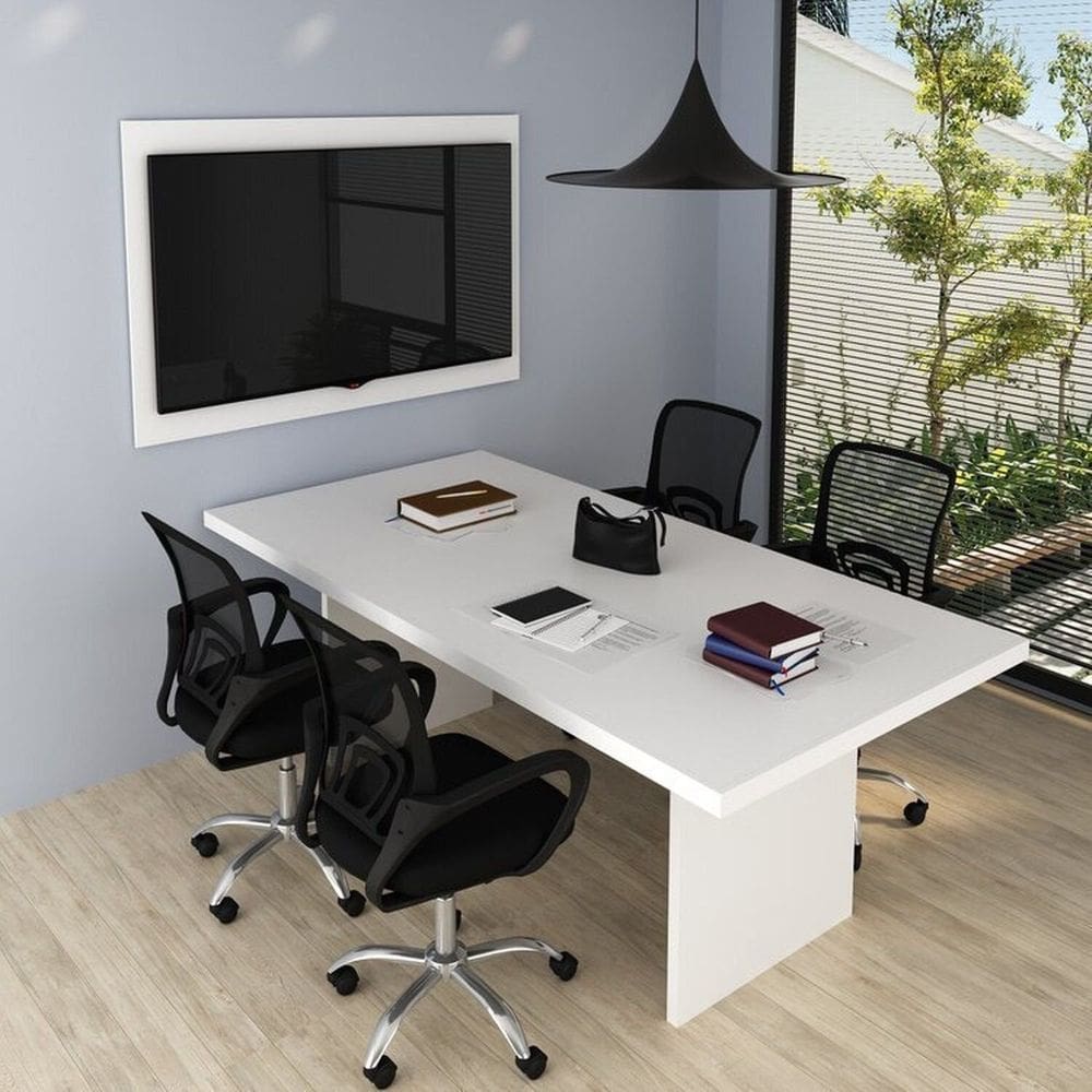 Kit com Mesa para Reunião 4 Lugares e Painel para Tv até 55 Polegadas Branco