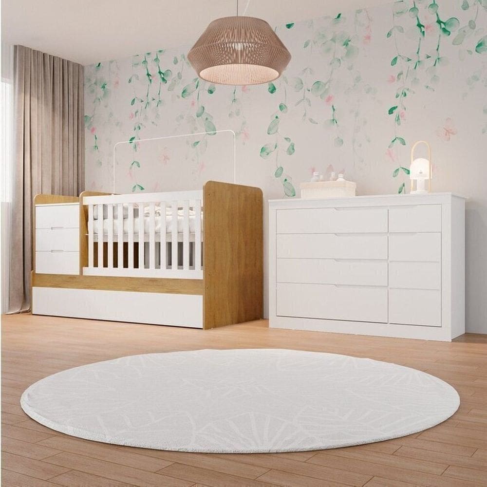 Conjunto Quarto Infantil 1 Cômoda Fraldário 5 Gavetas 1 Berço Multifuncional Cléo Branco/Bétula