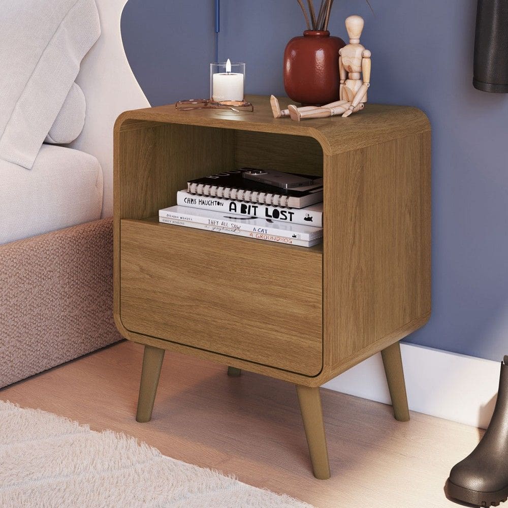 Mesa de Cabeceira Curve 1 Gaveta Carvalho Xingu - Completa Industria