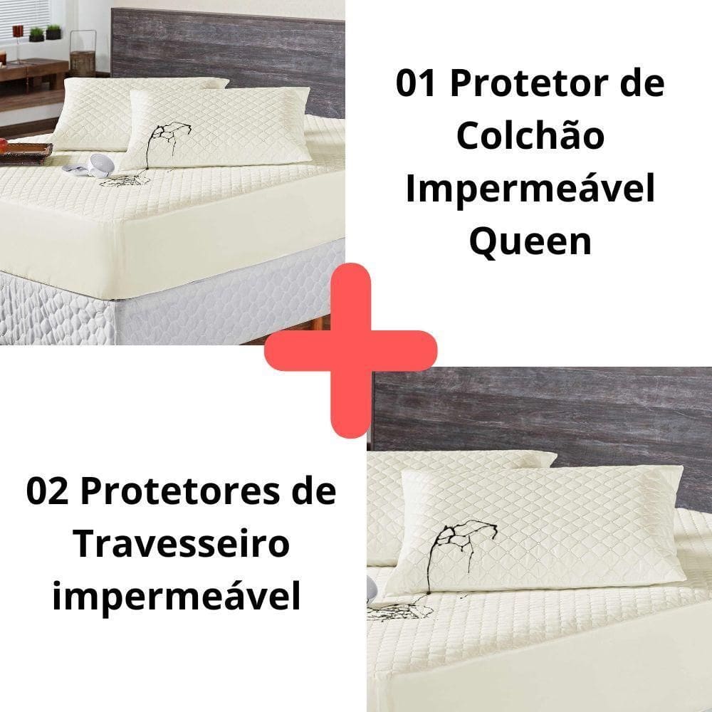 Kit Protetor Colchão Queen + 2 Capas Travesseiro Impermeável