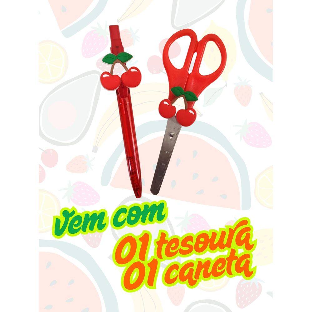 Kit Frutas tesoura sem ponta e caneta esferográfica azul abacate melancia cereja fofos enfermagem enfermeira frutinhas