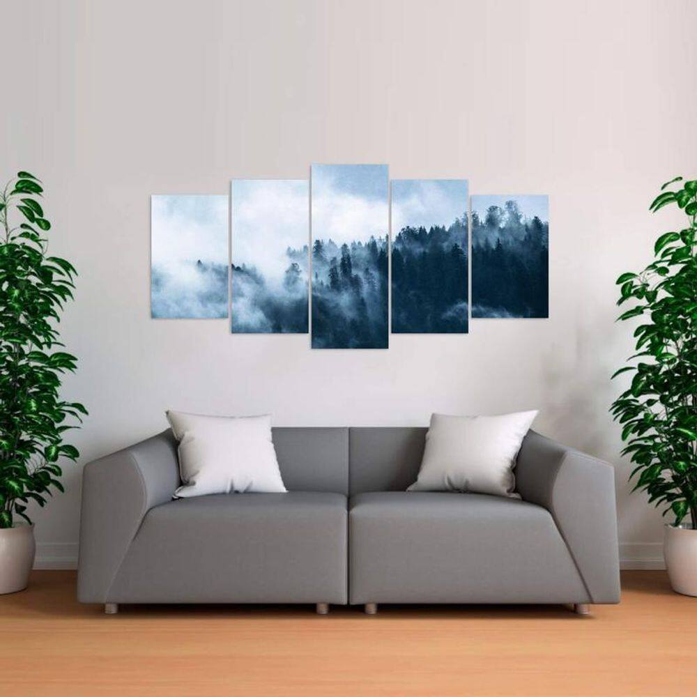 Quadro Paisagem Floresta Cortina De Fumaça Mosaico 5 Peças