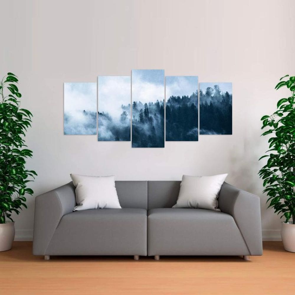 Quadro Paisagem Floresta Cortina De Fumaça Mosaico 5 Peças