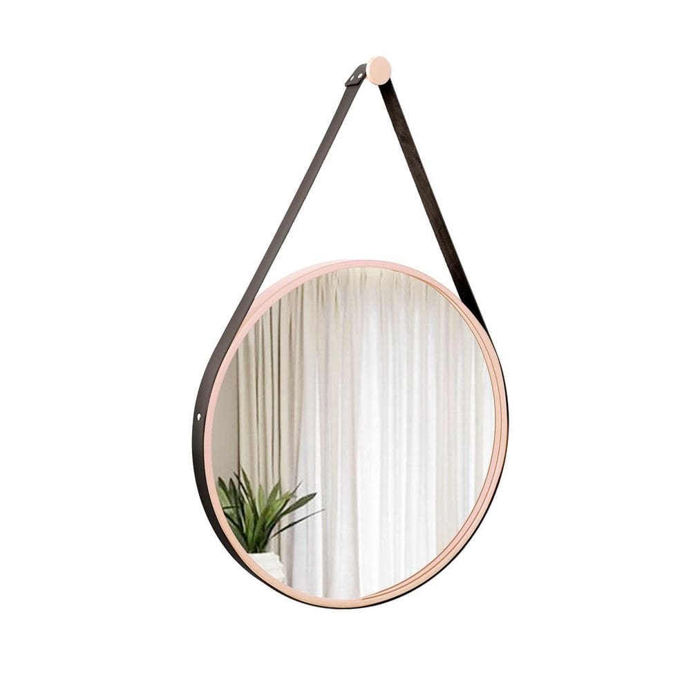 Espelho Decorativo Adnet Rosa Alça Corino Preto 40 Cm Redondo