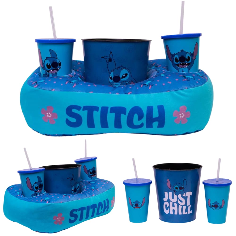 Kit Stitch Just Chill (Apenas Relaxe) Almofada Suede + Balde Pipoca + 2 Copos Oficial Disney