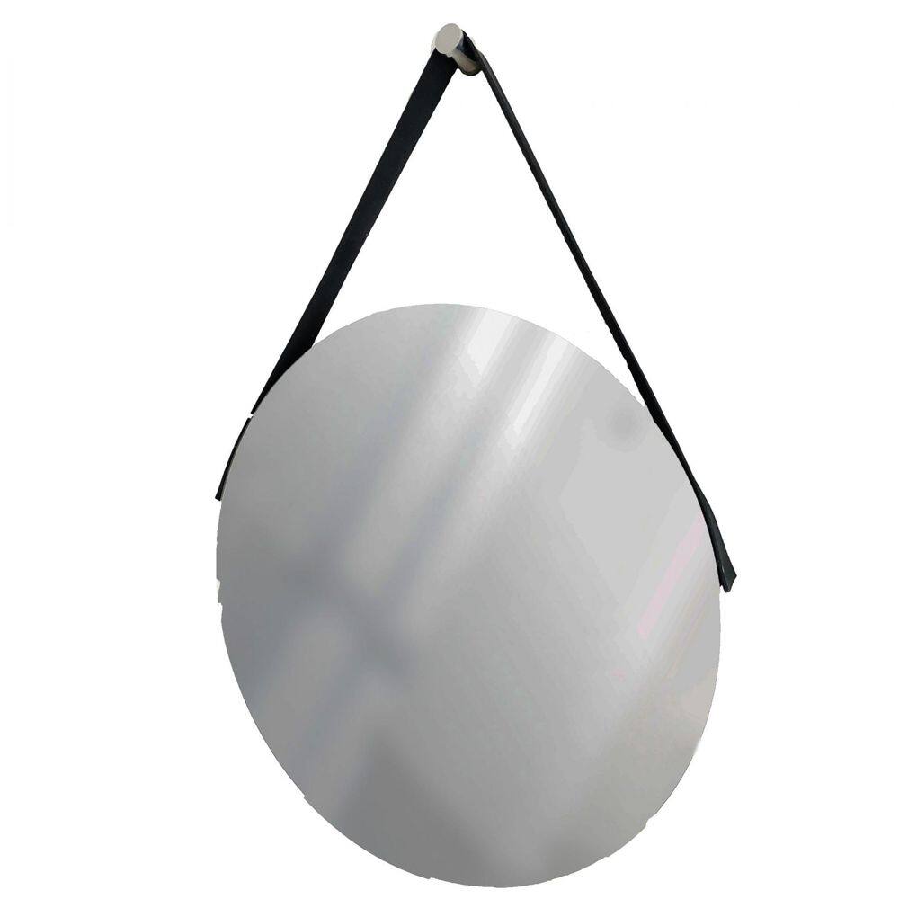 Espelho Decorativo Adnet Vintage Alça Corino Preta 50 Cm