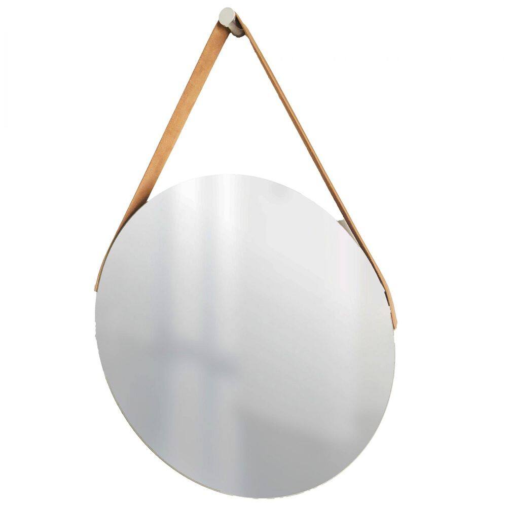 Espelho Decorativo Vintage Alça Corino Caramelo 50Cm Redondo