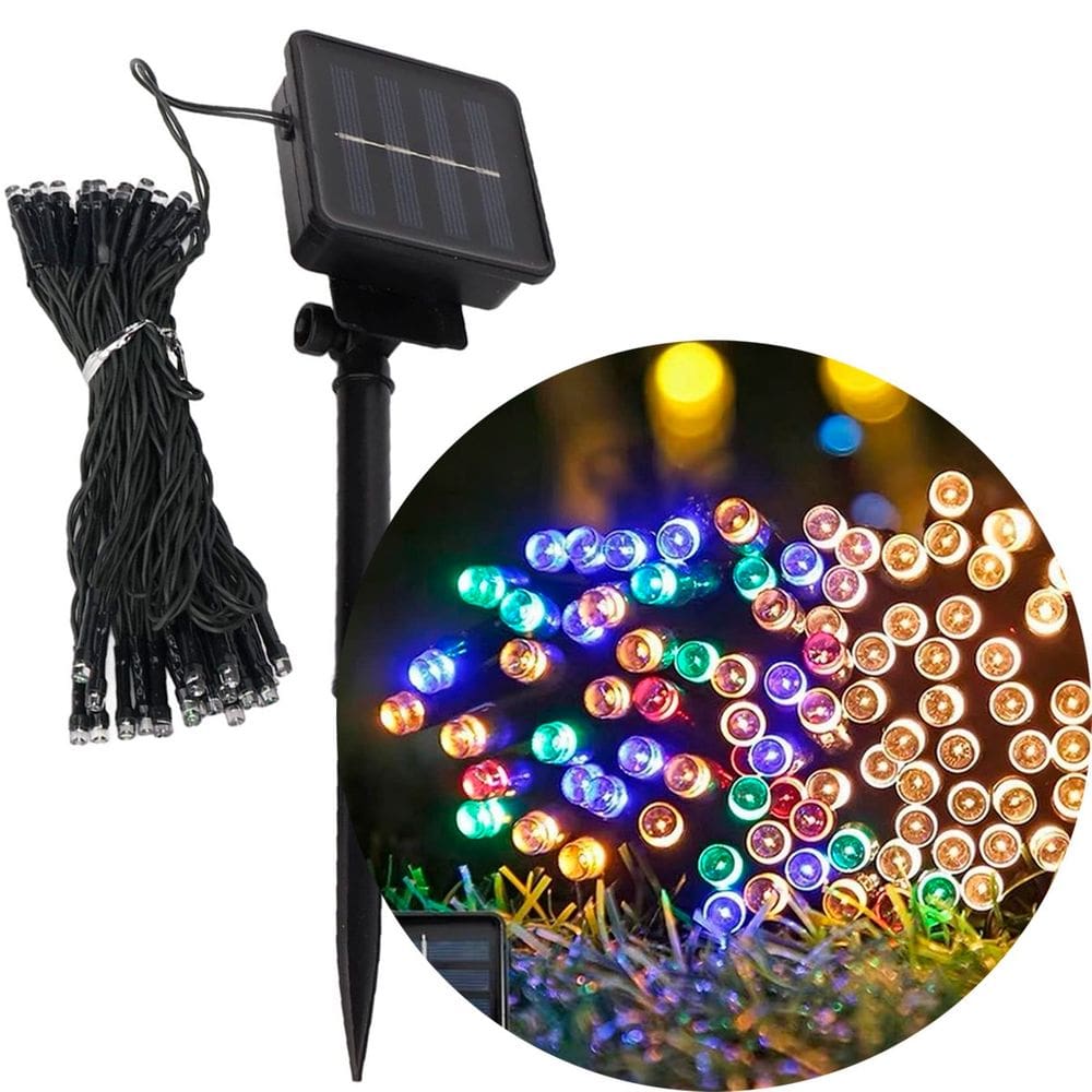 Pisca Solar Cordão Natal LED 100 Lâmpadas Luz Colorido 10m