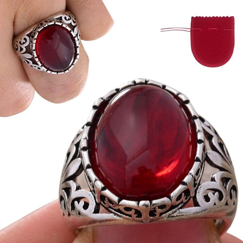 Anel Prateado Pedra Vermelha Detalhes Arabescos Regulável