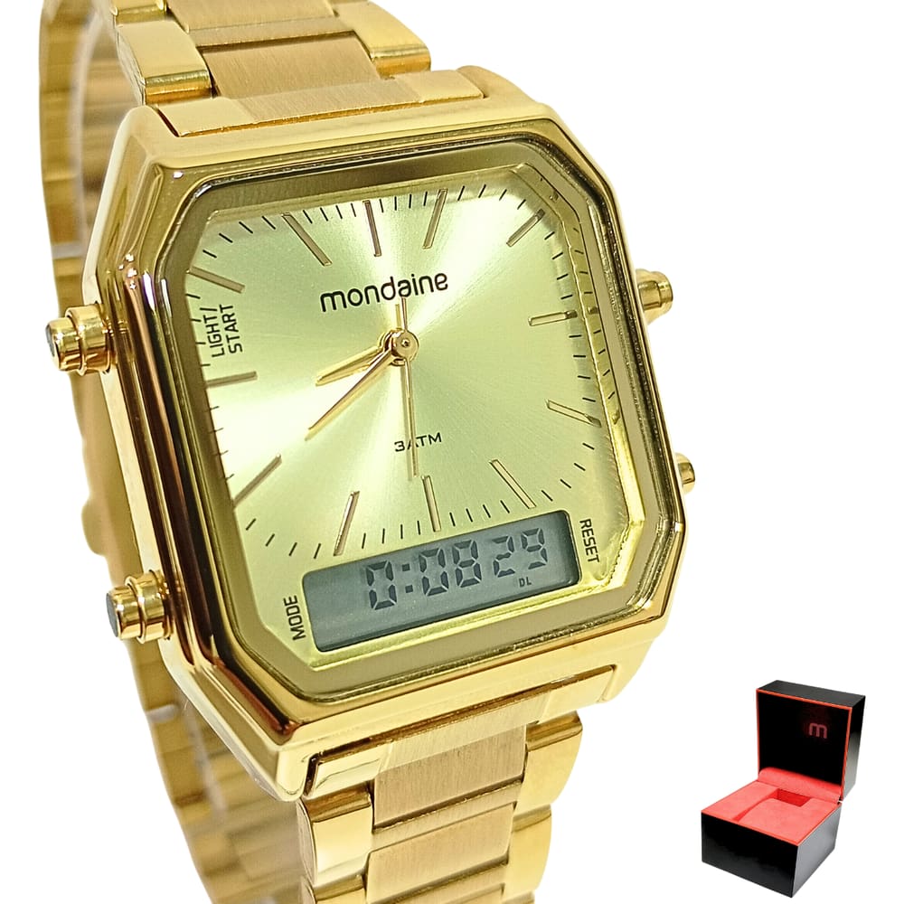 Relógio Mondaine Feminino Anadigi Quadrado Dourado 32216LPMVDE1