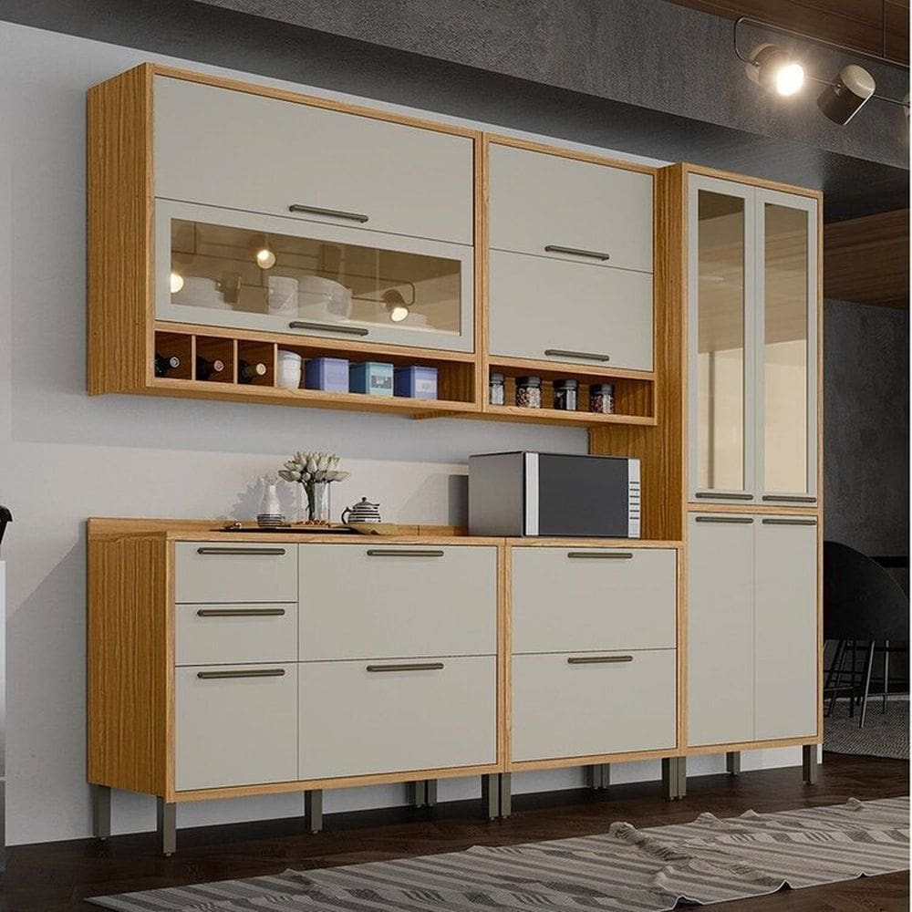 Cozinha Modulada Completa 5 Peças 11 Portas e Vidro Reflecta 274cm 100% Mdf Vicenza Espresso Móveis Amêndoa/Off White
