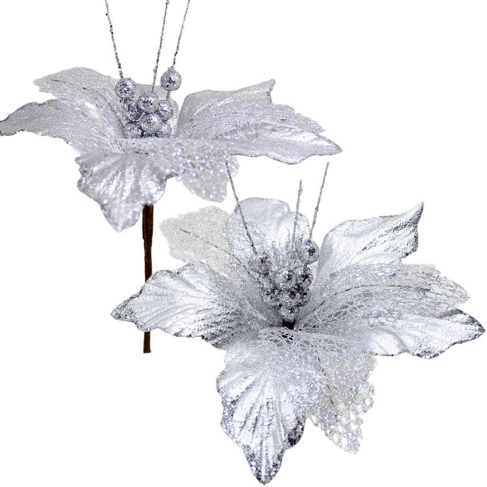 Kit 4 Flores Artificiais Decoração Natal Prata Glitter 30cm
