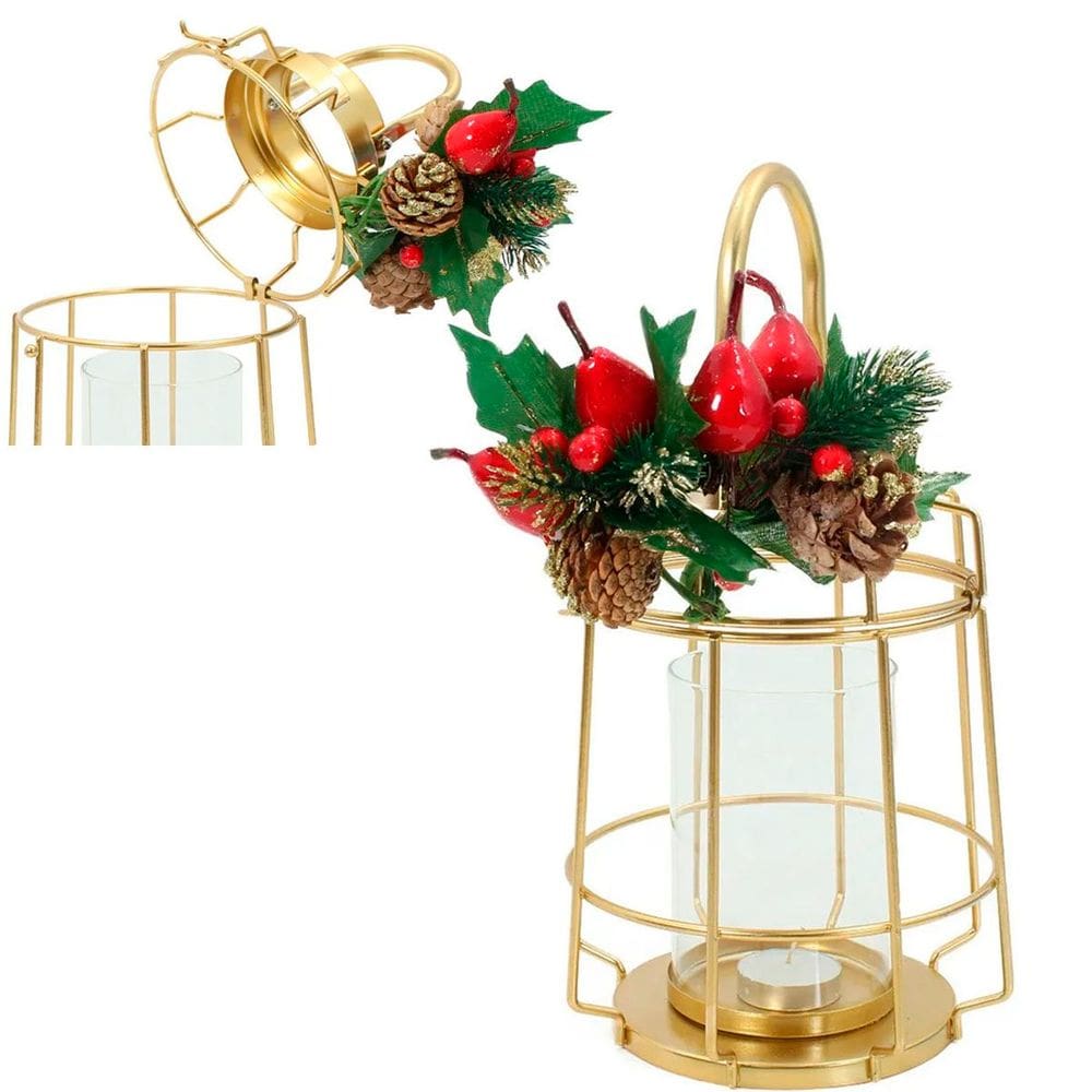 Luminária Lamparina Natal Dourada Em Metal Decorativa 30cm