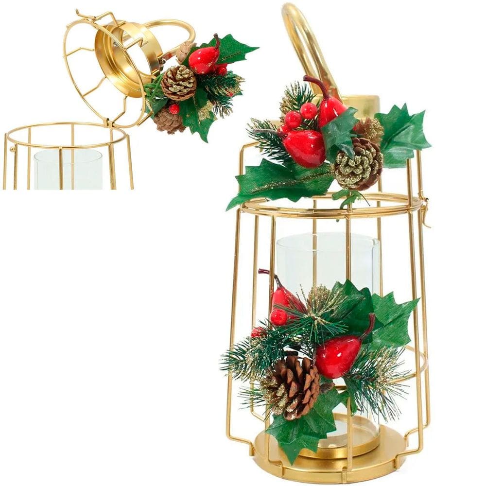 Luminária Lamparina Natal Dourada Em Metal Decorativa 36cm