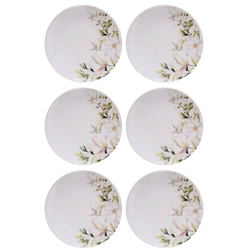 Jogo 6 Pratos de Sobremesa 21cm Tramontina Porcelana Branca Floral Magnólia