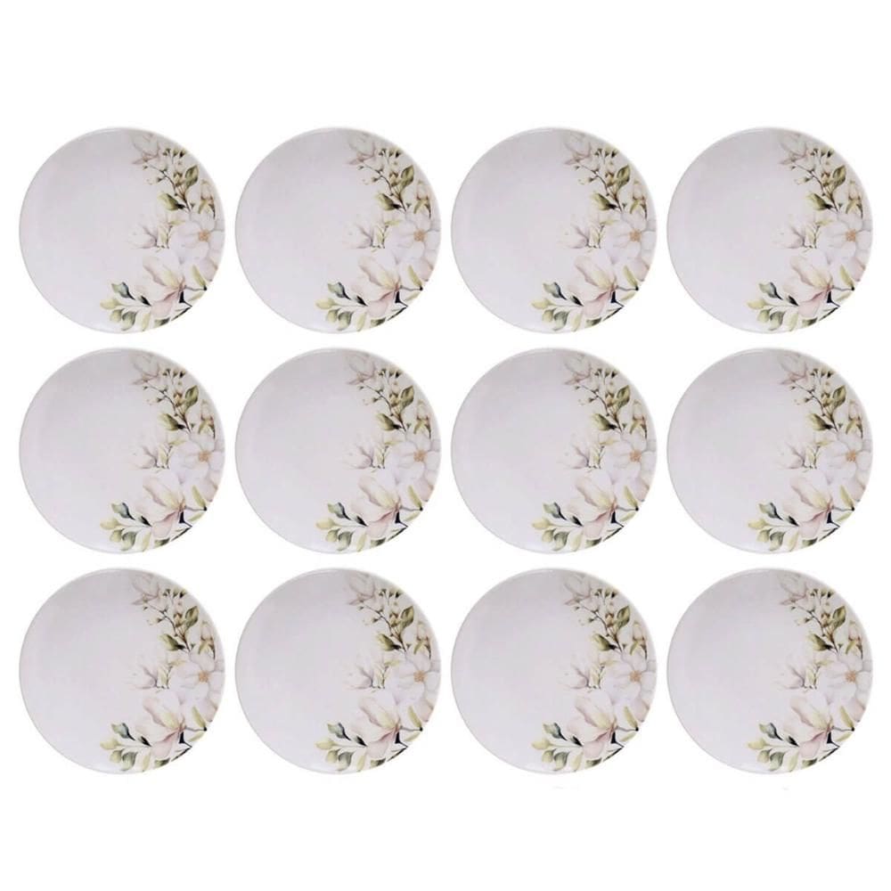 Kit 12 Pratos de Sobremesa Porcelana Branca 21cm Floral Magnólia Tramontina Mesa Posta