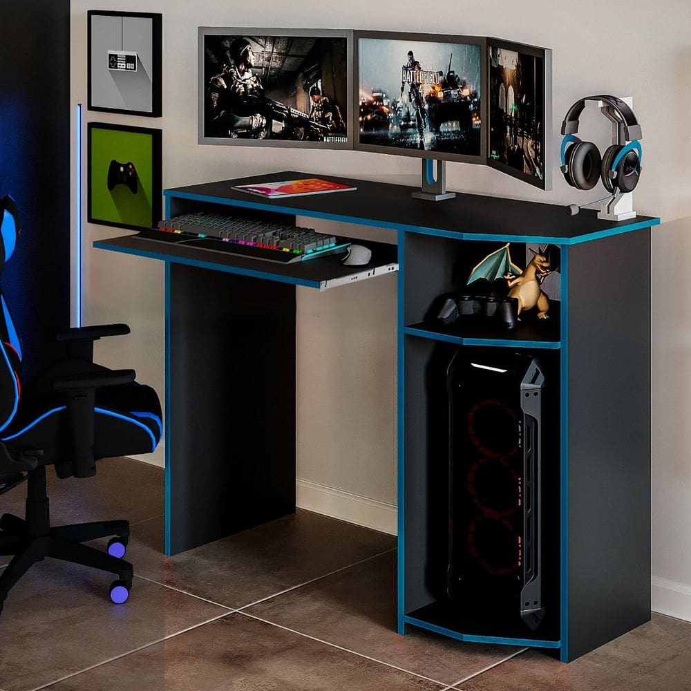 Mesa Escrivaninha para Quarto Gamer Preto e Azul