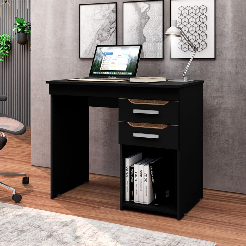 Mesa de Escritório Home Office Veneza 90cm com 2 Gavetas - Preto