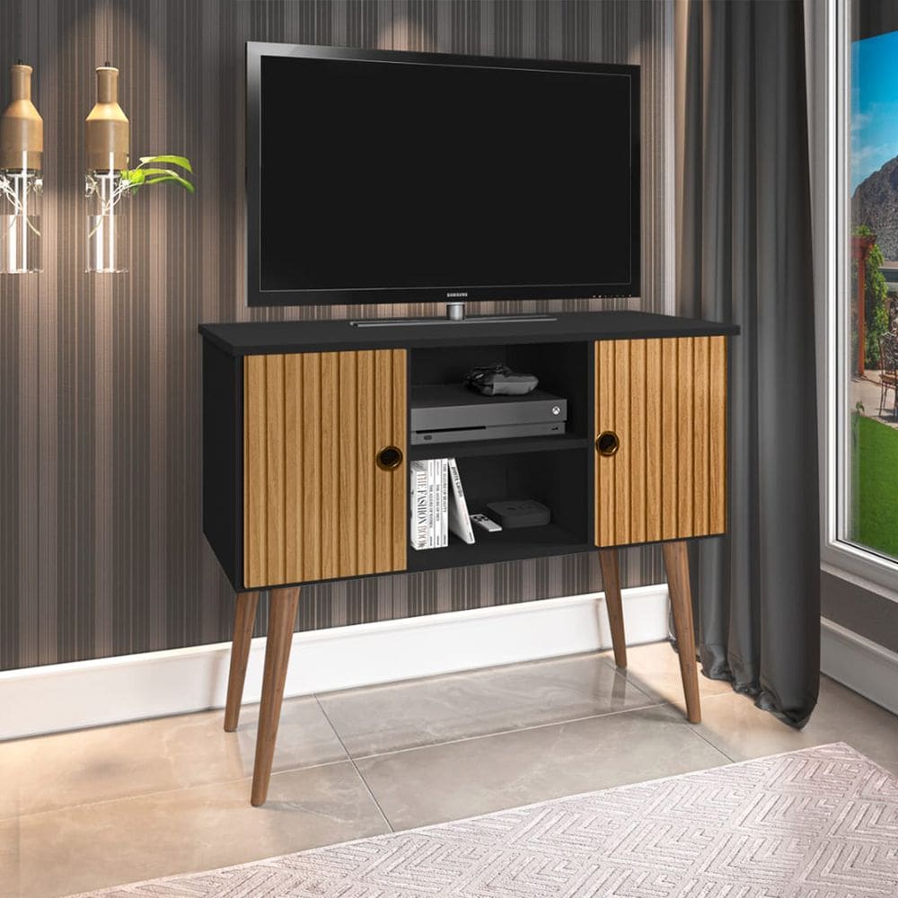 Aparador Rack Viena 2 Portas Tv 40 Polegadas Sala de Estar - Preto/ripado